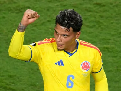 Colombia's Richard Rios (6) celebrates after the World Cup round of 32 soccer match between Colombia and Ghana in Kansas City, Mo., Friday, July 3, 2026. (AP Photo/Reed Hoffmann)