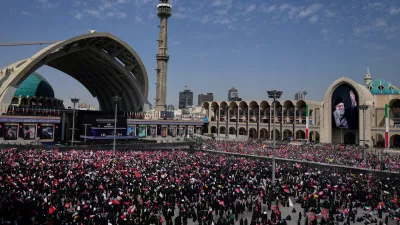 Mourners attend the start of the dayslong funeral ceremonies for slain Iranian Supreme Leader Ayatollah Ali Khamenei and members of his family at the Imam Khomeini Mosalla Grand Mosque in Tehran, Iran, Saturday, July 4, 2026. (AP Photo/Altaf Qadri)
