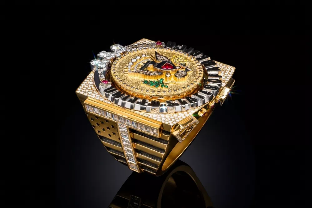 This image released on Tuesday, June 30, 2026, shows aring designed for U.S. President Donald Trump and crafted by Antwerp diamond designer David Gotlib. (David Gotlib via AP)