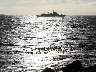 FILE PHOTO: Navy vessels sail in False Bay, near the Simon's Town Naval base on the last day of the BRICS Plus countries which include China, Russia and Iran for a joint naval exercises in South Africa's waters, in Cape Town, South Africa, January 16, 2026. REUTERS/Esa Alexander/File Photo