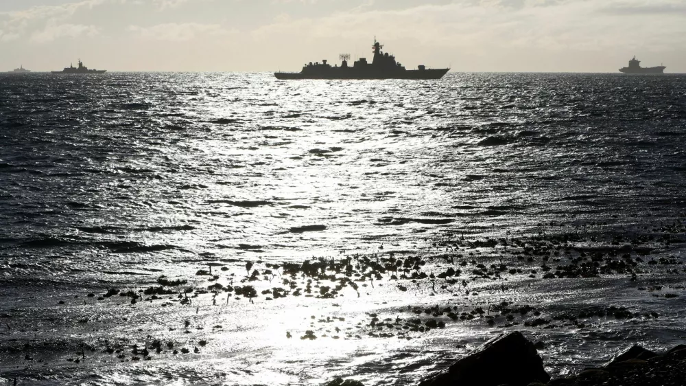 FILE PHOTO: Navy vessels sail in False Bay, near the Simon's Town Naval base on the last day of the BRICS Plus countries which include China, Russia and Iran for a joint naval exercises in South Africa's waters, in Cape Town, South Africa, January 16, 2026. REUTERS/Esa Alexander/File Photo
