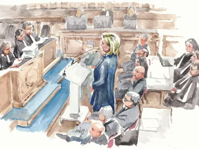 A courtroom sketch shows French far-right leader Marine Le Pen, member of parliament from the Rassemblement National (National Rally - RN) party, during her appeal trial alongside the RN party itself and 10 others defendants found guilty of diverting European Parliament funds, at the Paris courthouse on the Ile de la Cite, in Paris, France, January 13, 2026. ZZIIGG/REUTERS NO USE AFTER JANUARY 13, 2027.
