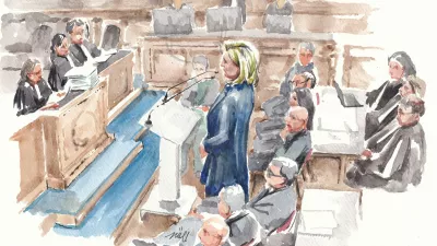 A courtroom sketch shows French far-right leader Marine Le Pen, member of parliament from the Rassemblement National (National Rally - RN) party, during her appeal trial alongside the RN party itself and 10 others defendants found guilty of diverting European Parliament funds, at the Paris courthouse on the Ile de la Cite, in Paris, France, January 13, 2026. ZZIIGG/REUTERS NO USE AFTER JANUARY 13, 2027.