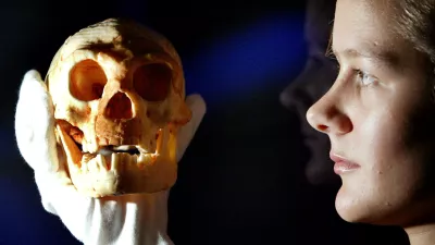 A model of a skull discovered on a remote Indonesian island is held by an employee at the Science Museum in London October 27, 2004. Australian scientists have found a new species of hobbit-sized humans that lived about 18,000 years ago on a remote island in a discovery that adds another piece to the complex puzzle of human evolution. The partial skeleton of Homo floresiensis, found in a cave on the island of Flores, is of an adult female that was just a metre (3 feet) tall, had a chimpanzee-sized brain and was substantially different from modern humans.