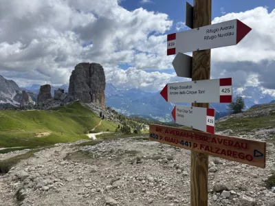 The photo captures a scenic mountain landscape with a rugged trail leading into the distance. Dominating the background are the striking rock formations of the Cinque Torri, a well-known landmark in the Dolomites of Italy. The sky is partly cloudy, casting dynamic shadows over the rocky and grassy terrain. In the foreground, there's a wooden signpost with multiple directional signs indicating hiking routes to destinations such as Rifugio Averau, Rifugio Nuvolau, Rifugio Scoiattoli, and Cinque Torri. The signs are marked with trail numbers 439 and 425, and the wooden plaque below provides additional trail information. The overall scene conveys a sense of adventure and natural beauty, ideal for hiking enthusiasts.