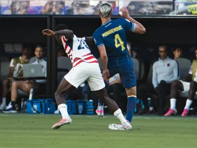 July 1, 2026, Santa Clara, California, USA: American forward FOLARIN BALOGUN (20) gets a red card for stepping on Bosnian defender TARIK MUHAREMOVIC (4) during the World Cup 2026 round of 32 soccer match between the United States and Bosnia and Herzegovina in Santa Clara, California, USA.,Image: 1114203117, License: Rights-managed, Restrictions:, Model Release: no 