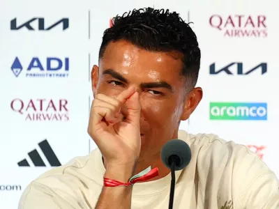 Soccer Football - FIFA World Cup 2026 - Portugal Press Conference - Dallas Stadium, Arlington, Texas, U.S. - July 6, 2026 Portugal's Cristiano Ronaldo during the press conference REUTERS/Issei Kato