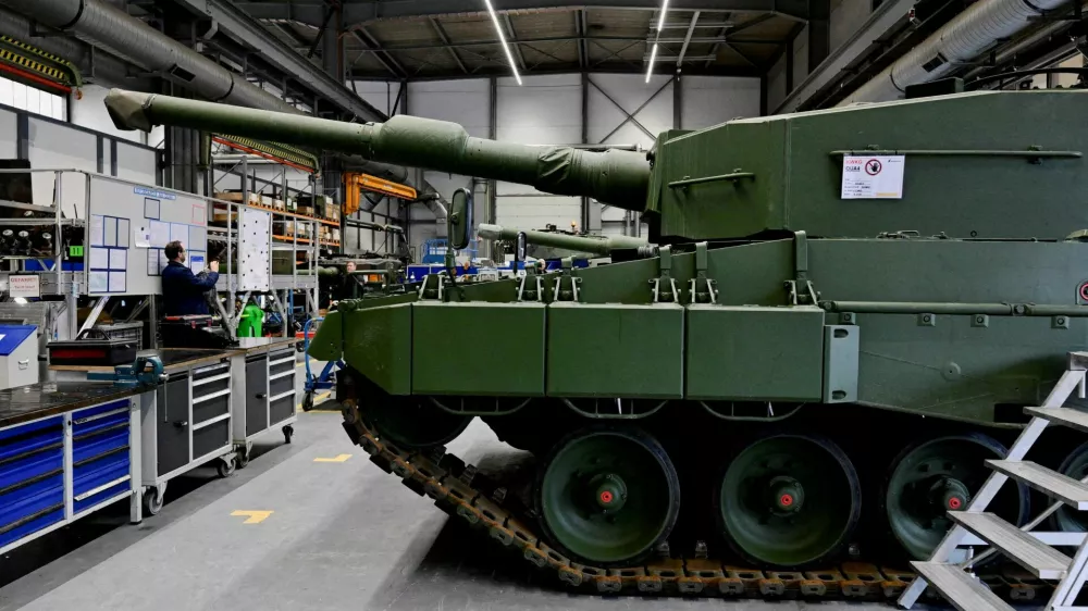 FILE PHOTO: A view of a production line as German Chancellor Olaf Scholz and Defence Minister Boris Pistorius visit the future site of an arms factory where weapons maker Rheinmetall plans to produce artilleries from 2025, in Unterluess, Germany February 12, 2024. REUTERS/Fabian Bimmer/Pool/File Photo