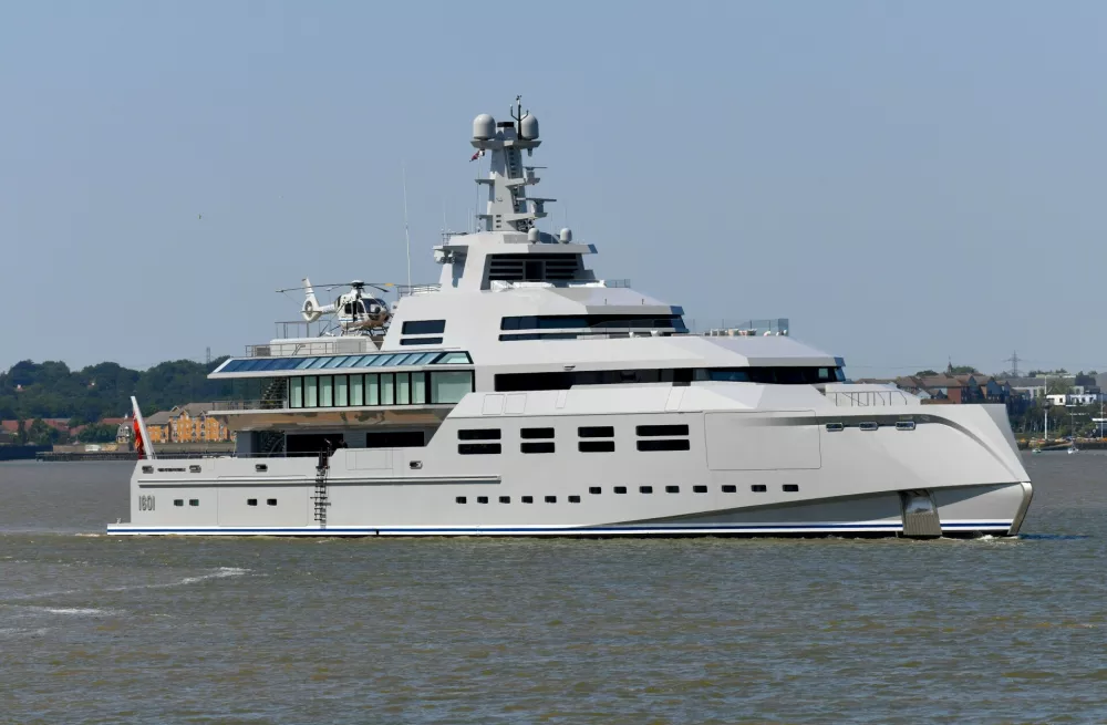 Superyacht Norn (Danish for "Fate") AKA Project 1601, crusing past Gravesend. The fabulous $250 million 90m motor yacht belongs to Charles Simonyi a Hungarian American former Microsoft software designer who created version 01 of Microsoft Office.,Image: 784646502, License: Rights-managed, Restrictions:, Model Release: no 
