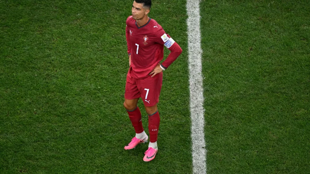 Portugal's Cristiano Ronaldo reacts after Portugal lost a World Cup round of 16 soccer match against Spain in Arlington, Texas, near Dallas, Monday, July 6, 2026. (AP Photo/Jessica Tobias)