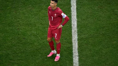 Portugal's Cristiano Ronaldo reacts after Portugal lost a World Cup round of 16 soccer match against Spain in Arlington, Texas, near Dallas, Monday, July 6, 2026. (AP Photo/Jessica Tobias)