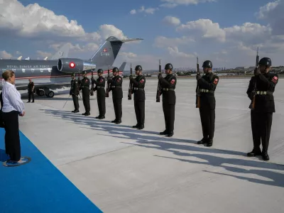 ANKARA, TURKIYE - JULY 7: Danish Prime Minister Mette Frederiksen arrives at Ankara Airport for the 36th NATO Heads of State and Government Summit in Ankara, Turkiye, on July 7, 2026. Osmancan Gurdogan/Pool via REUTERS