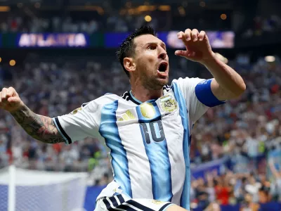 Soccer Football - FIFA World Cup 2026 - Round of 16 - Argentina v Egypt - Atlanta Stadium, Atlanta, Georgia, U.S. - July 7, 2026 Argentina's Lionel Messi celebrates scoring their second goal REUTERS/Carlos Barria