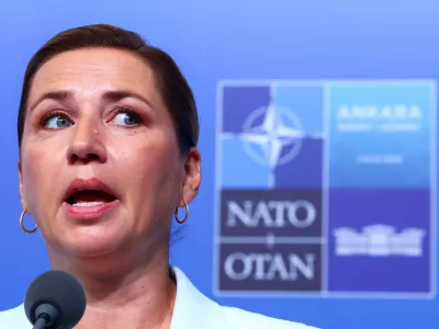 Denmark's Prime Minister Mette Frederiksen speaks during a doorstep at the NATO leaders' summit in Ankara, Turkey, July 8, 2026. REUTERS/Yves Herman