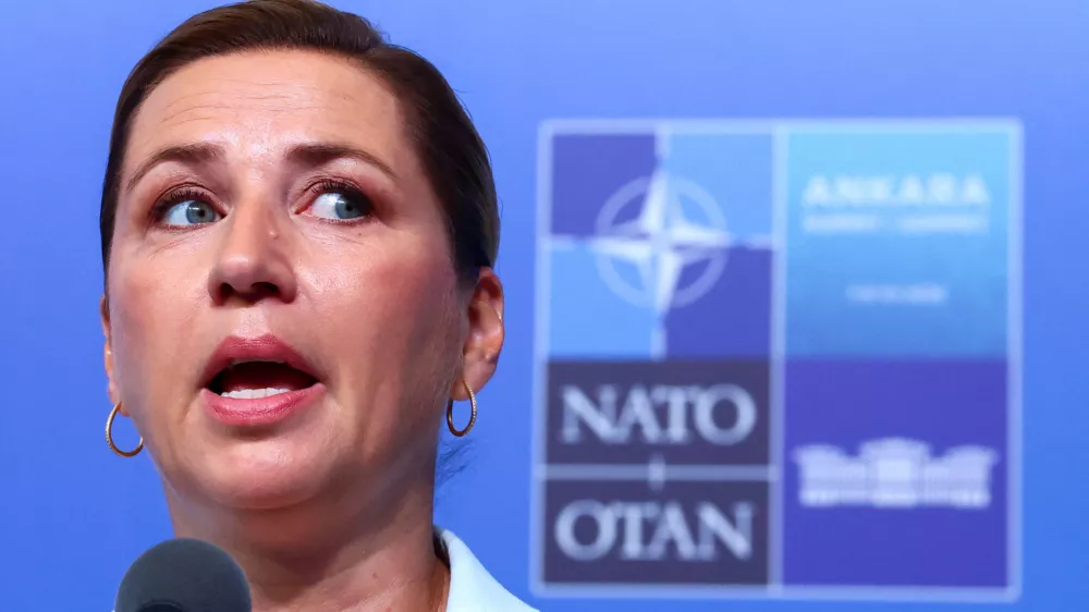Denmark's Prime Minister Mette Frederiksen speaks during a doorstep at the NATO leaders' summit in Ankara, Turkey, July 8, 2026. REUTERS/Yves Herman