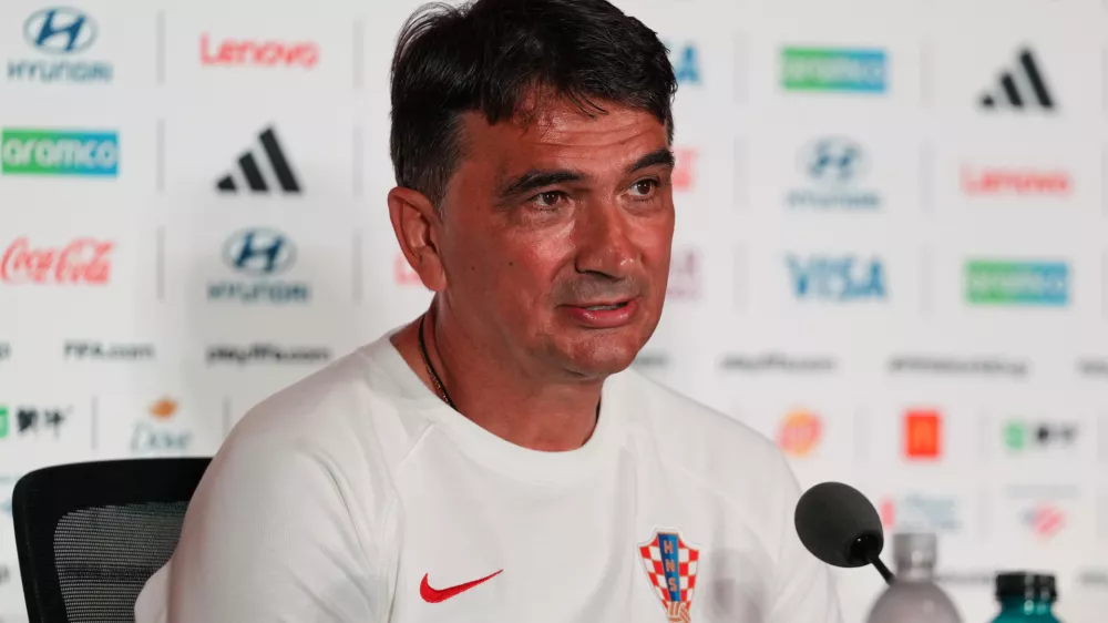 Croatia head coach Zlatko Dalic speaks during a press conference on the eve of the team's World Cup soccer match against Portugal, Wednesday, July 1, 2026, in Toronto. (AP Photo/Stephanie Scarbrough)