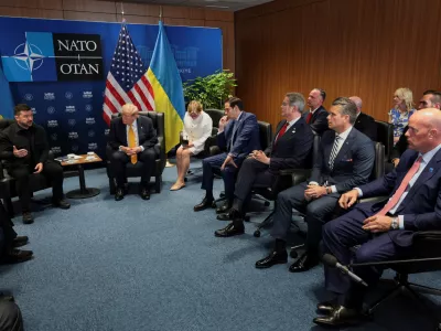 U.S. President Donald Trump holds a bilateral meeting with Ukrainian President Volodymyr Zelenskiy alongside the NATO leaders summit at the Bestepe Presidential Compound, joined by U.S. Defense Secretary Pete Hegseth, Treasury Secretary Scott Bessent and Secretary of State Marco Rubio, in Ankara, Turkey, July 8, 2026. REUTERS/Jonathan Ernst