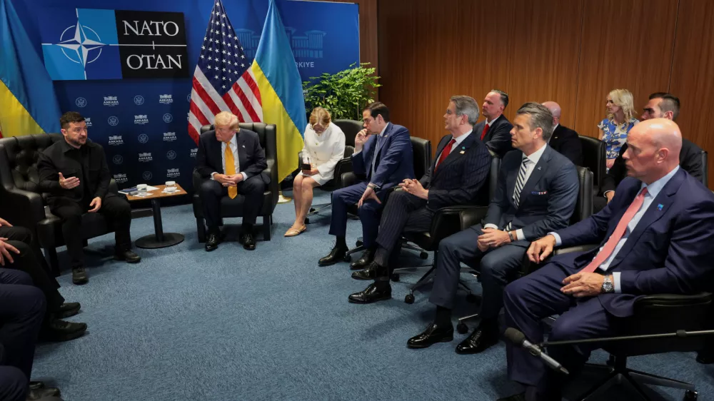 U.S. President Donald Trump holds a bilateral meeting with Ukrainian President Volodymyr Zelenskiy alongside the NATO leaders summit at the Bestepe Presidential Compound, joined by U.S. Defense Secretary Pete Hegseth, Treasury Secretary Scott Bessent and Secretary of State Marco Rubio, in Ankara, Turkey, July 8, 2026. REUTERS/Jonathan Ernst