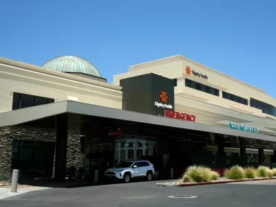 Mercy Gilbert Medical Center, shown here, where an 18-month-old toddler discovered in a backyard pool and taken to the hospital in February, was declared dead before being found breathing hours later in a room that serves as the hospital morgue, according to recently released police records, Monday, July 6, 2026, in Gilbert, Ariz. (AP Photo/Ross D. Franklin)