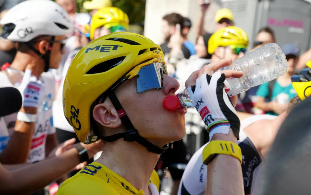 Cycling - Tour de France - Stage 4 - Carcassonne to Foix - Foix, France - July 7, 2026 UAE Team Emirates XRG's Tadej Pogacar wearing the yellow jersey after stage 4 Pool via REUTERS/Thibault Camus
