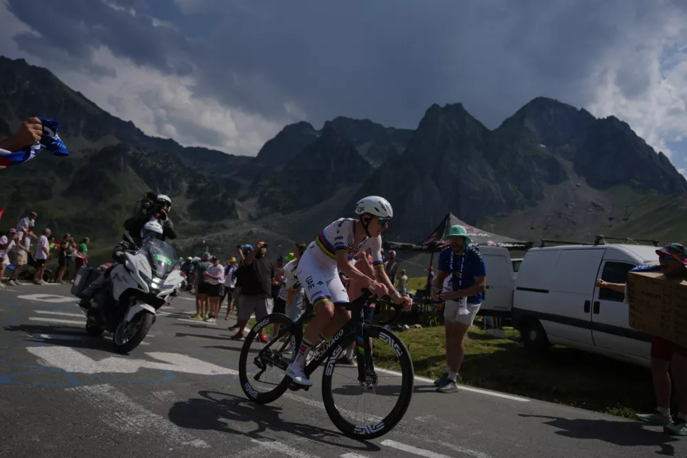 Slovenia's Tadej Pogacar rides during he sixth stage of the Tour de France cycling race with start in Pau and finish in Gavarnie-Gedre, France, Thursday, July 9, 2026. (AP Photo/Thibault Camus)