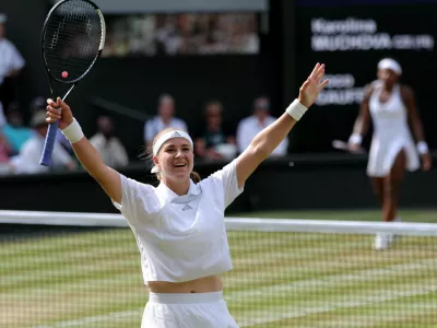 Tennis - Wimbledon - All England Lawn Tennis and Croquet Club, London, Britain - July 9, 2026 Czech Republic's Karolina Muchova celebrates after winning her semi final match against Coco Gauff of the U.S. REUTERS/Marko Djurica