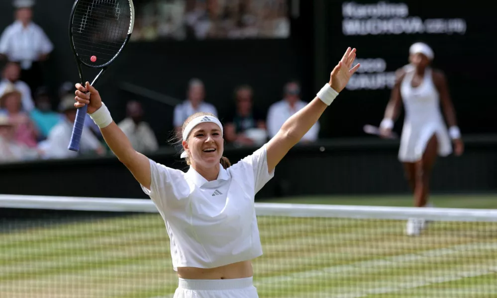 Tennis - Wimbledon - All England Lawn Tennis and Croquet Club, London, Britain - July 9, 2026 Czech Republic's Karolina Muchova celebrates after winning her semi final match against Coco Gauff of the U.S. REUTERS/Marko Djurica