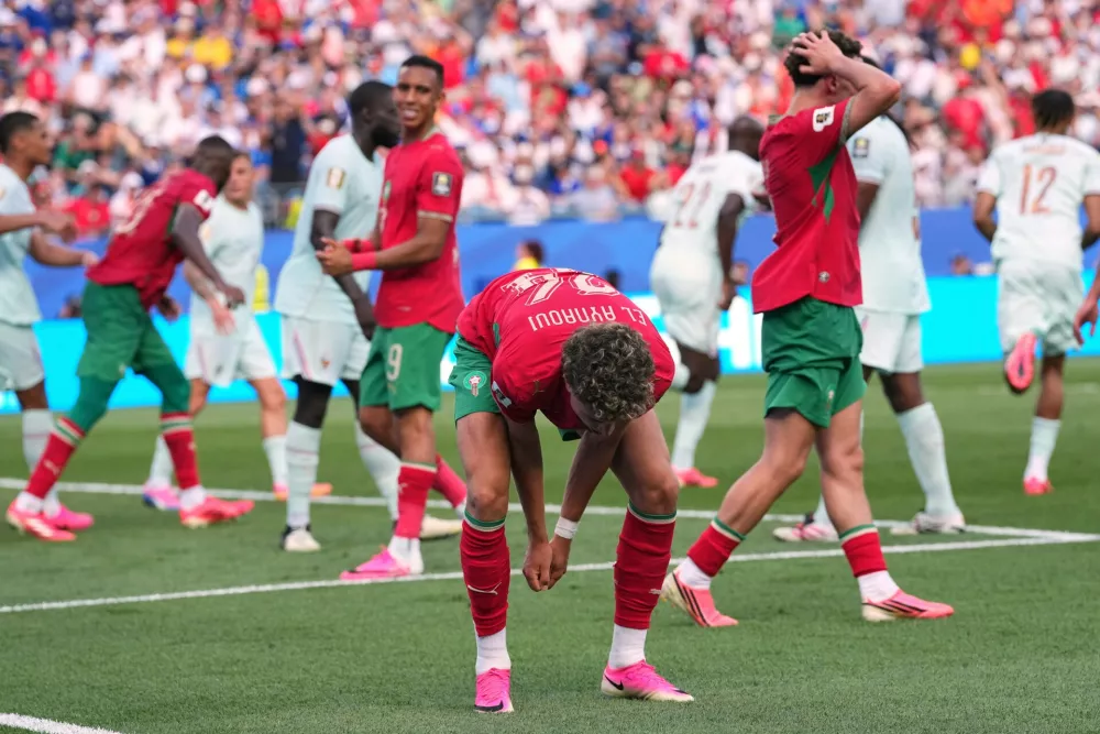 Morocco's Neil El Aynaoui (24) reacts after missing an opportunity during the World Cup quarterfinal soccer match between France and Morocco in Foxborough, Mass., near Boston, Thursday, July 9, 2026. (AP Photo/Martin Meissner)