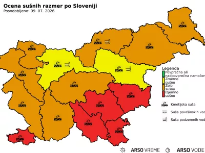 Ljubljana.Ocena susnih razmer po Sloveniji 9. julija 2026.Foto: ARSO