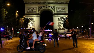 Soccer Football - FIFA World Cup 2026 - Quarter Final - France v Morocco - Fans gather in Paris - Paris, France - July 9, 2026 France fans celebrate at Champs-Elysees after the match REUTERS/Abdul Saboor