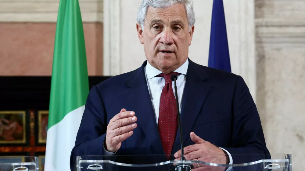FILE PHOTO: Italian Foreign Minister Antonio Tajani attends a joint press conference, on the day of a meeting to discuss the latest developments in Ukraine and security in Europe, at Villa Madama in Rome, Italy, June 12, 2025. REUTERS/Guglielmo Mangiapane/File Photo