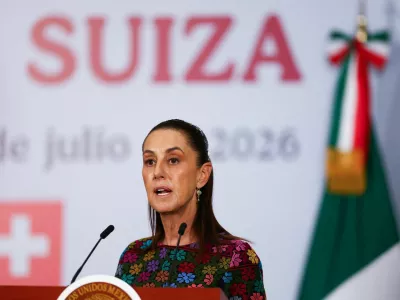 Mexican President Claudia Sheinbaum attends a press conference with Swiss Federal President Guy Parmelin (not pictured) at the National Palace in Mexico City, Mexico, July 8, 2026. REUTERS/Daniel Becerril