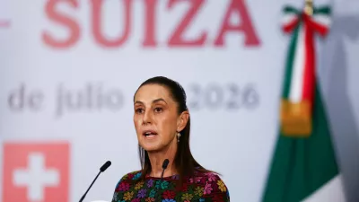 Mexican President Claudia Sheinbaum attends a press conference with Swiss Federal President Guy Parmelin (not pictured) at the National Palace in Mexico City, Mexico, July 8, 2026. REUTERS/Daniel Becerril