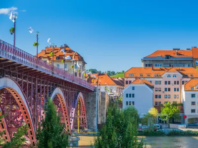Main bridge over Drava river and cityscape of city of Maribor, Slovenia