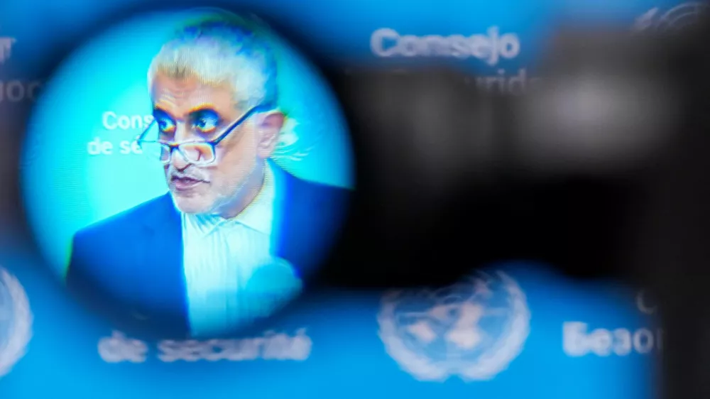 Amir-Saeid Iravani, Iran's Ambassador to the United Nations, through a viewfinder as he speaks during a stakeout after the United Nations Security Council meeting on the situation in Iran, at United Nations headquarters in New York City, U.S., July 10, 2026. REUTERS/Eduardo Munoz