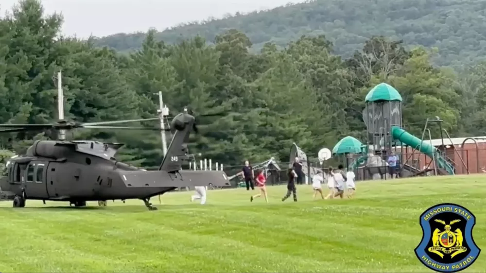 Missouri National Guard evacuates young campers and counsellors who were stranded at Camp Taum Sauk in Reynolds County, in Arcadia, Missouri, U.S., July 10, 2026, in this grab taken from a handout video. Sgt. Eddie Young/ Missouri State Highway Patrol/Handout via REUTERS  THIS IMAGE HAS BEEN SUPPLIED BY A THIRD PARTY NO RESALES. NO ARCHIVES MANDATORY CREDIT OVERLAY FROM SOURCE