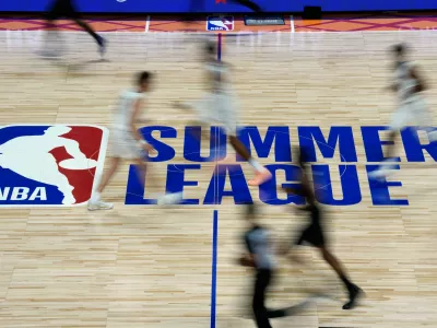 The LA Clippers and Sacramento Kings play during the second half of an NBA Summer League basketball game Thursday, July 9, 2026, in Las Vegas. (AP Photo/John Locher)