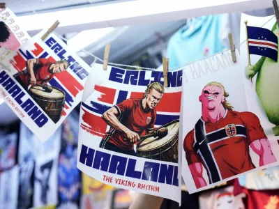 Stencils to print shirts are left to dry as shirts depicting Norway striker Erling Haaland are on sale at a store, as his performances at the 2026 FIFA World Cup and the buzz he has generated on social media drive demand for merchandise featuring his image, in Lima, Peru, July 10, 2026. REUTERS/Angela Ponce