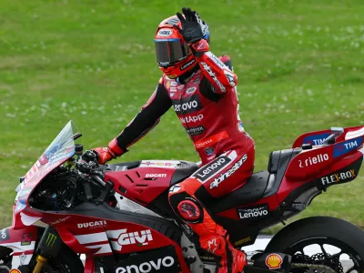 MotoGP - German Grand Prix - Sachsenring, Hohenstein-Ernstthal, Germany - July 11, 2026 Ducati Lenovo Team's Marc Marquez celebrates after winning the sprint race REUTERS/Annegret Hilse