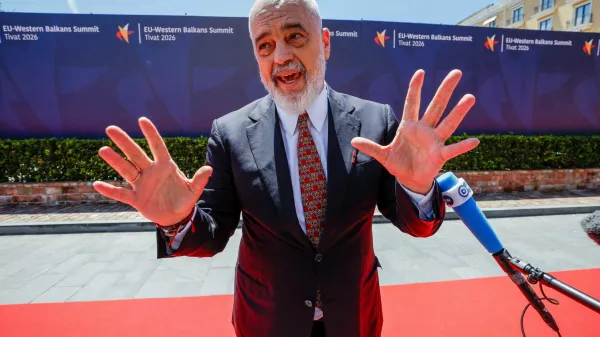 Albania's Prime Minister Edi Rama speaks with the media as he arrives for the EU-Western Balkans Summit in Tivat, Montenegro, June 5, 2026. REUTERS/Stevo Vasiljevic   TPX IMAGES OF THE DAY