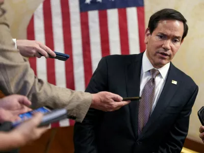 FILE PHOTO: U.S. Secretary of State Marco Rubio speaks to members of the media in Kuwait City, Kuwait, June 24, 2026. REUTERS/Eric Lee/Pool/File Photo