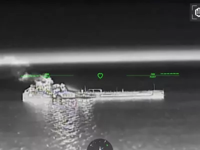 Drone footage shows fire and smoke rising from, what the Rostov region Governor said, was an empty oil tanker, following Ukraine's overnight drone attacks on Russia, confirmed by the Ukrainian military, at a place given as the Sea of Azov, in this screengrab from a handout video released on July 8, 2026. Commander of Unmanned Aerial Systems Force/Handout via REUTERS THIS IMAGE HAS BEEN SUPPLIED BY A THIRD PARTY MANDATORY CREDIT VERIFICATION: - Location and date not verified - No older versions found posted online before July 8