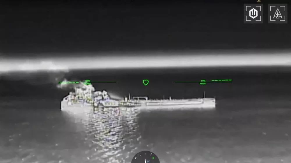 Drone footage shows fire and smoke rising from, what the Rostov region Governor said, was an empty oil tanker, following Ukraine's overnight drone attacks on Russia, confirmed by the Ukrainian military, at a place given as the Sea of Azov, in this screengrab from a handout video released on July 8, 2026. Commander of Unmanned Aerial Systems Force/Handout via REUTERS THIS IMAGE HAS BEEN SUPPLIED BY A THIRD PARTY MANDATORY CREDIT VERIFICATION: - Location and date not verified - No older versions found posted online before July 8