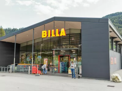 People visit Billa supermarket. Haus village is a small winter resort located in Styria, Austria.