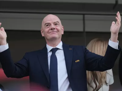 FIFA President Gianni Infantino attends the World Cup Group D soccer match between the United States and Paraguay in Inglewood, Calif., near Los Angeles, Friday, June 12, 2026. (AP Photo/Andre Penner)