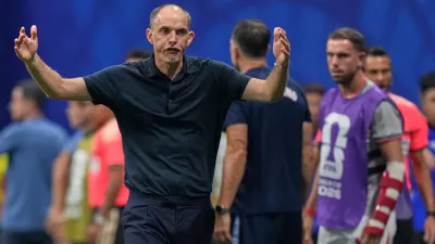 England head coach Thomas Tuchel reacts during the World Cup semifinal soccer match between England and Argentina in Atlanta, Wednesday, July 15, 2026. (AP Photo/Stephanie Scarbrough)
