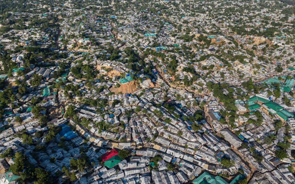 FILE - An aerial view of a Rohingya refugee camp, home to over a million of Myanmar's persecuted Rohingya minority, in Cox's Bazar, Bangladesh, Nov. 25, 2025. (AP Photo/Mahmud Hossain Opu, File)