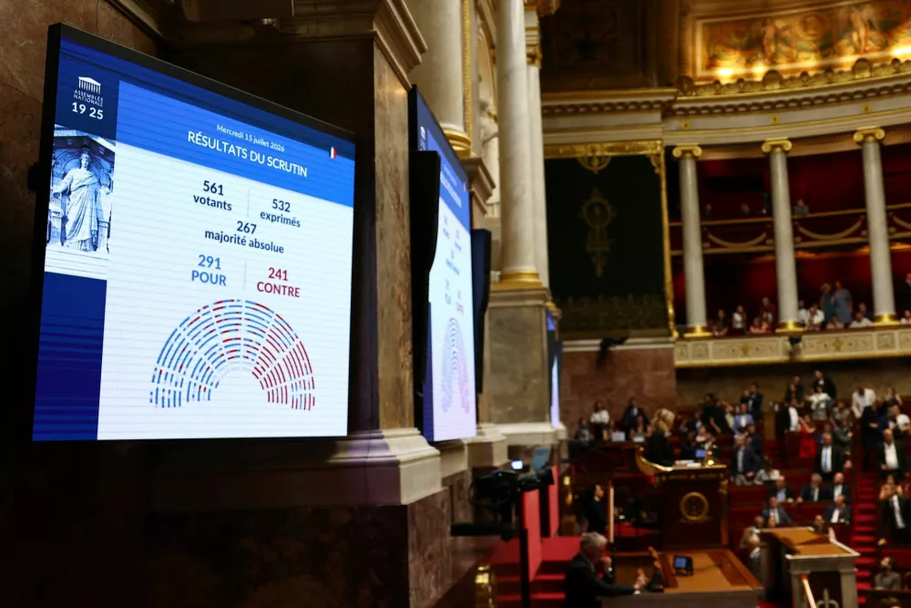 Screens show the result of a vote on the bill establishing a right to medical aid in dying at the National Assembly in Paris, France, July 15, 2026. REUTERS/Abdul Saboor