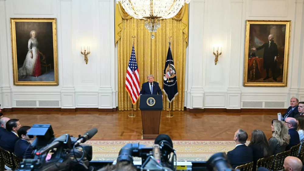 President Donald Trump speaks in the East Room of the White House, Thursday, July 16, 2026, in Washington. (Saul Loeb/Pool via AP)