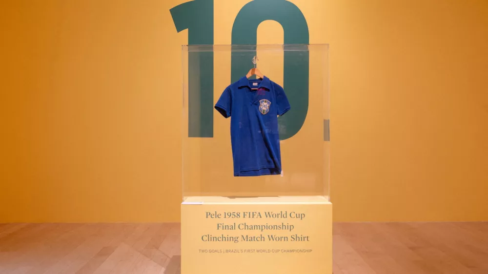 FILE PHOTO: Brazil's soccer legend Pele's FIFA World Cup 1958 final jersey at Sotheby's auction house in New York City, U.S. July 1, 2026. REUTERS/Jordan Tovin/File Photo